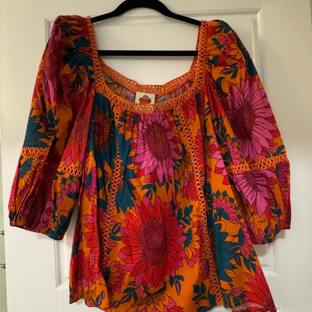 Farm Rio Anthropologie Orange Floral Peasant Tunic with Pink & Teal Accents